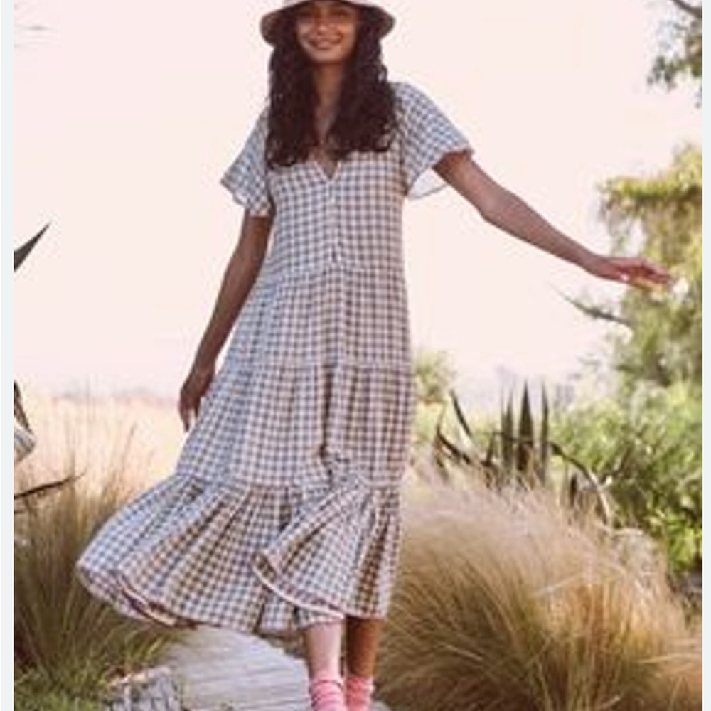 THE GREAT. Beige and White Gingham Tiered Midi Dress - Picture 3 of 5